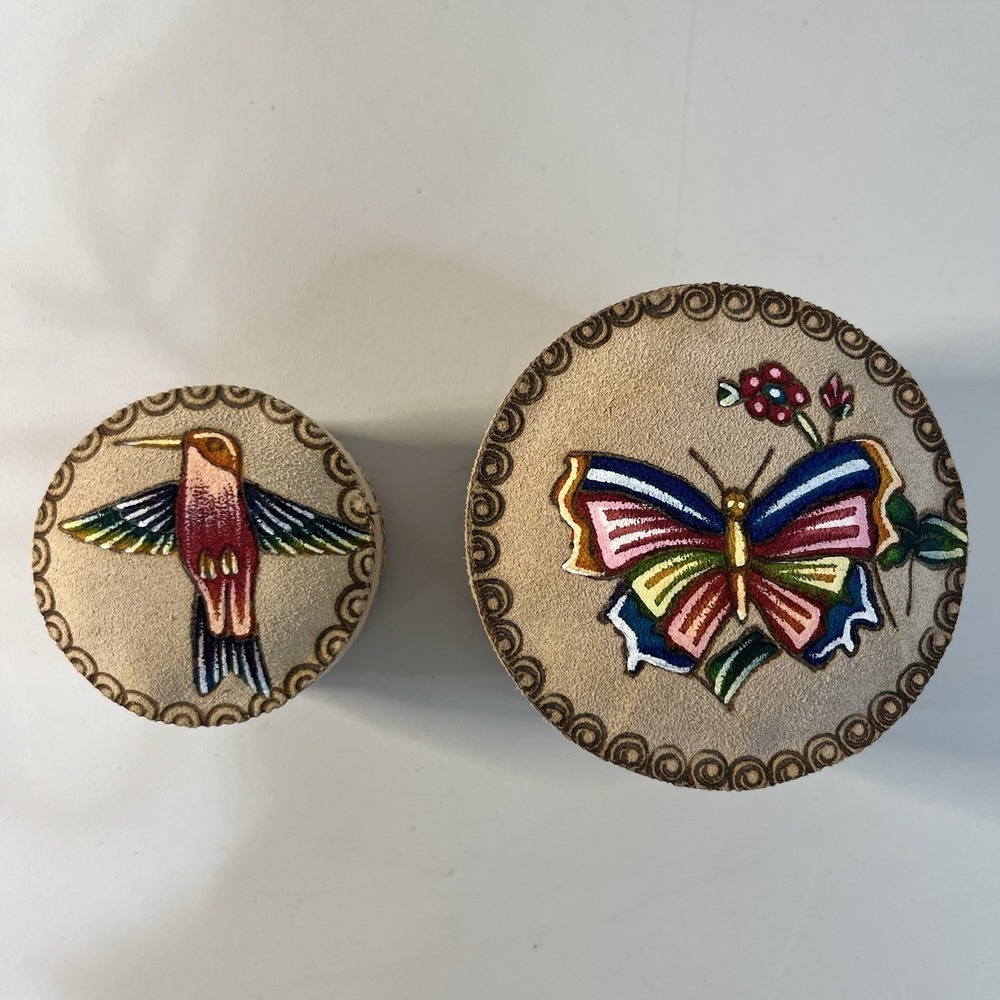 2 Handmade Suede Leather Jewelry Trinket Boxes Butterfly Bird Mexico Nesting‎